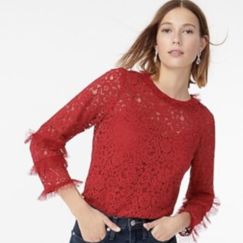 J.Crew Red Tulle Ruffle Long Sleeve Blouse - Size M NWT